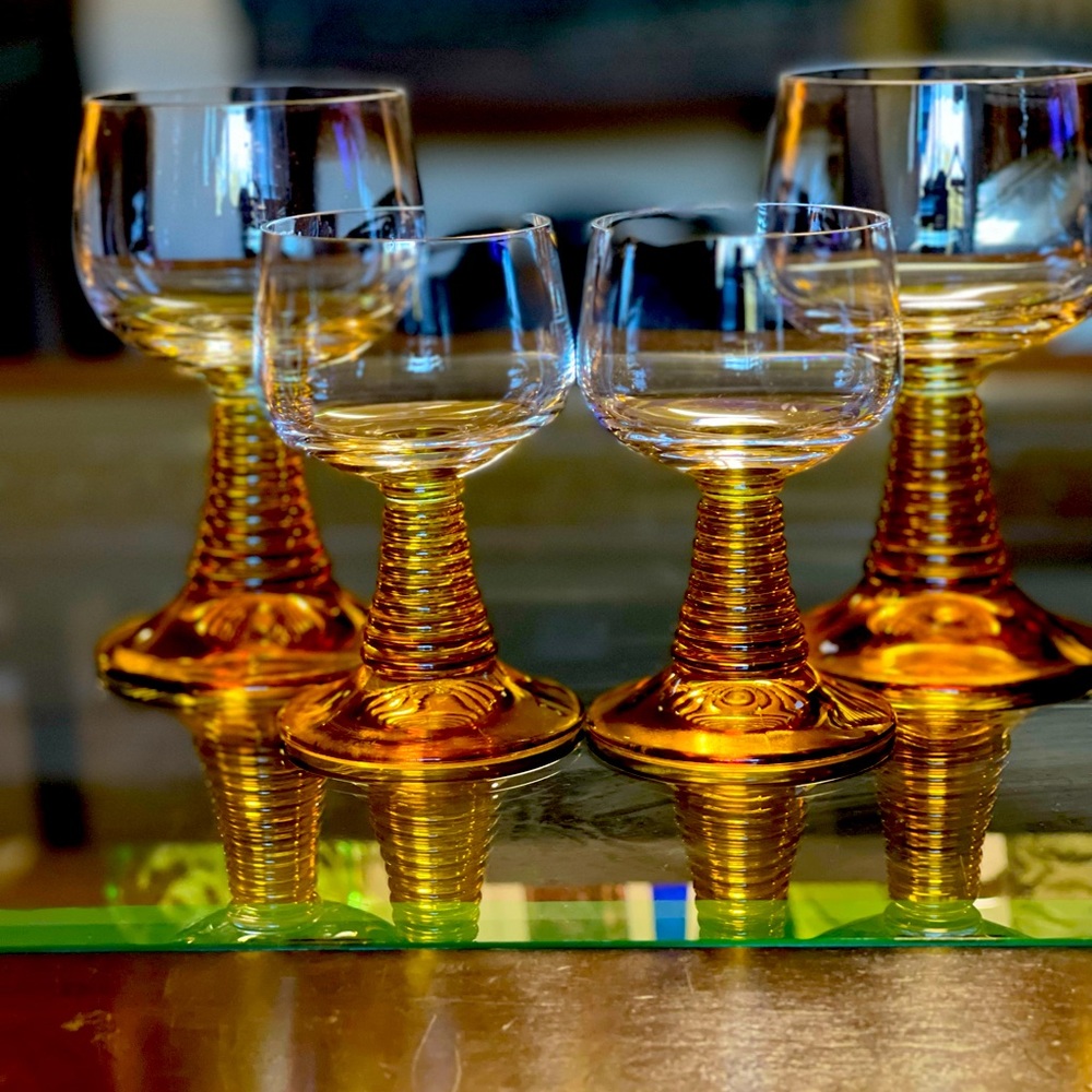 Vintage French Luminarc Amber Beehive Stem Wine Glasses- Set of 4
